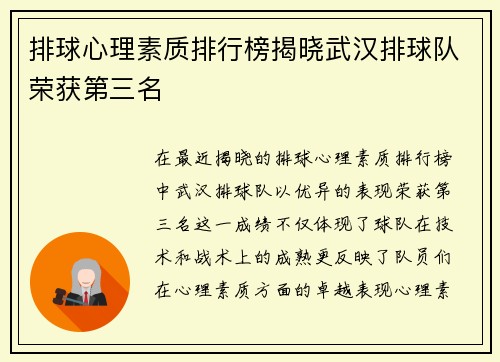 排球心理素质排行榜揭晓武汉排球队荣获第三名